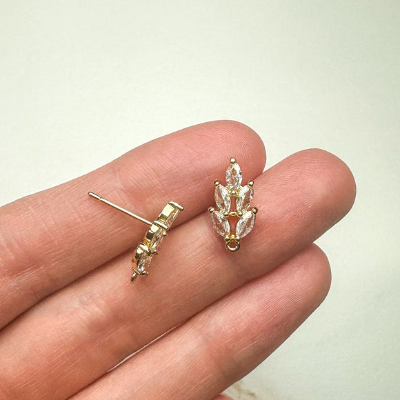 Gold Cubic Zirconia Long Leaf Earring Posts