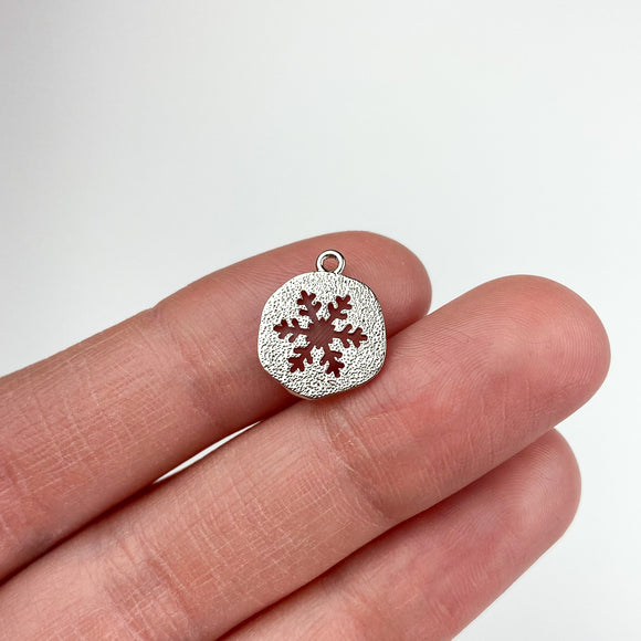 Platinum Plated Flat Round Snowflake Charms