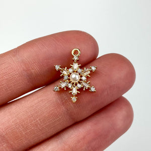18K Gold Plated Cubic Zirconia Snowflake Charms with Imitation Pearl Accent