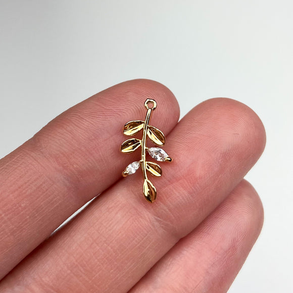 18K Gold Plated Cubic Zirconia Leafy Branch Charms