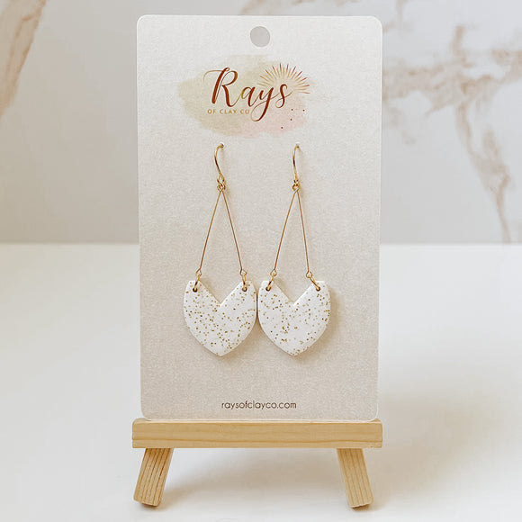 White/Gold Sparkle Heart V Dangle Earrings